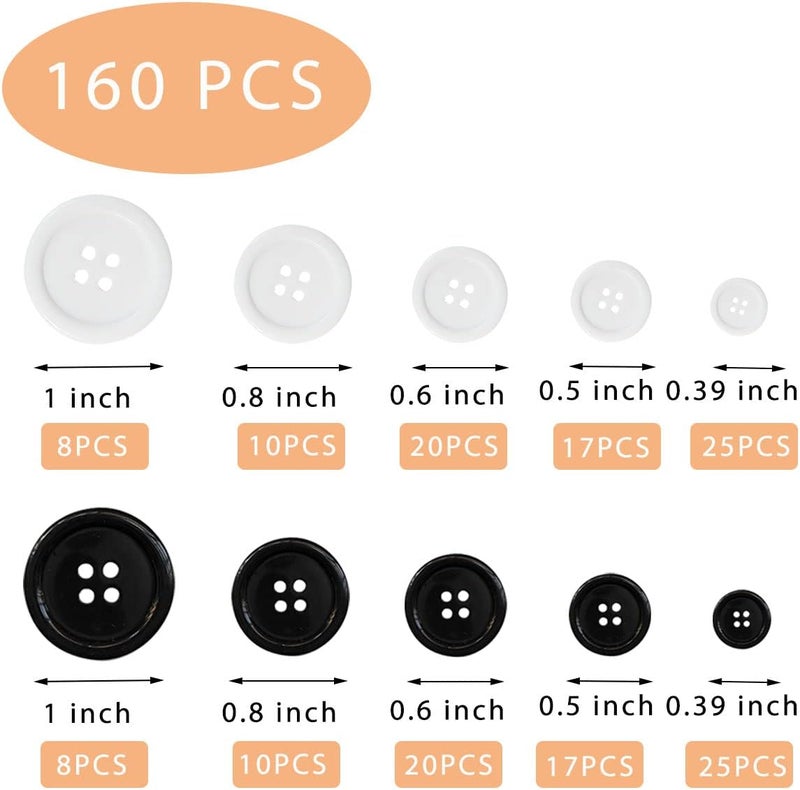 ZTEOFO 160 قطعة أزرار خياطة مختلطة - 4 ثقوب، 5 أحجام، أسود وأبيض، أزرار دائرية للحرف اليدوية - Image 3
